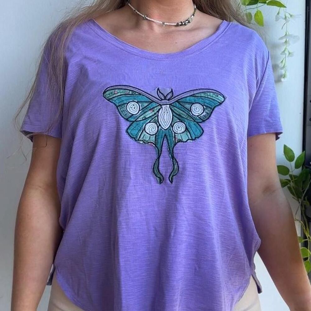 upcycled lunar moth patchwork embroidered lavender 100% cotton womenโs tee